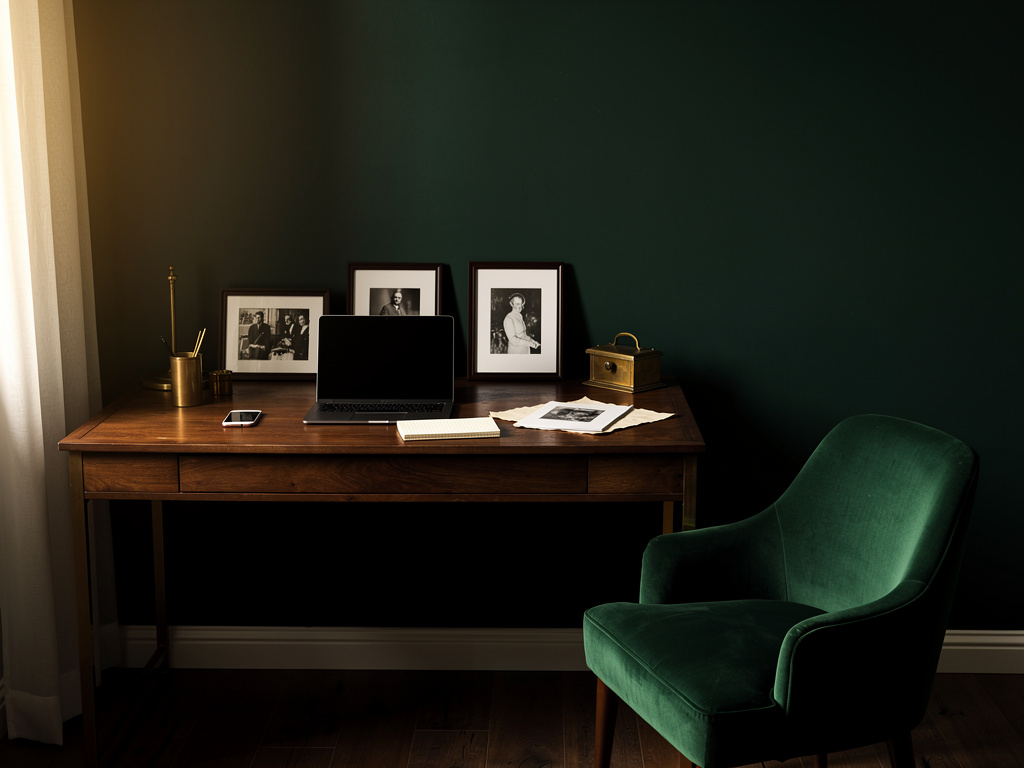 The walnut desk with a laptop, a phone and a cream notepad, an empty green armchair beside it in soft window light.