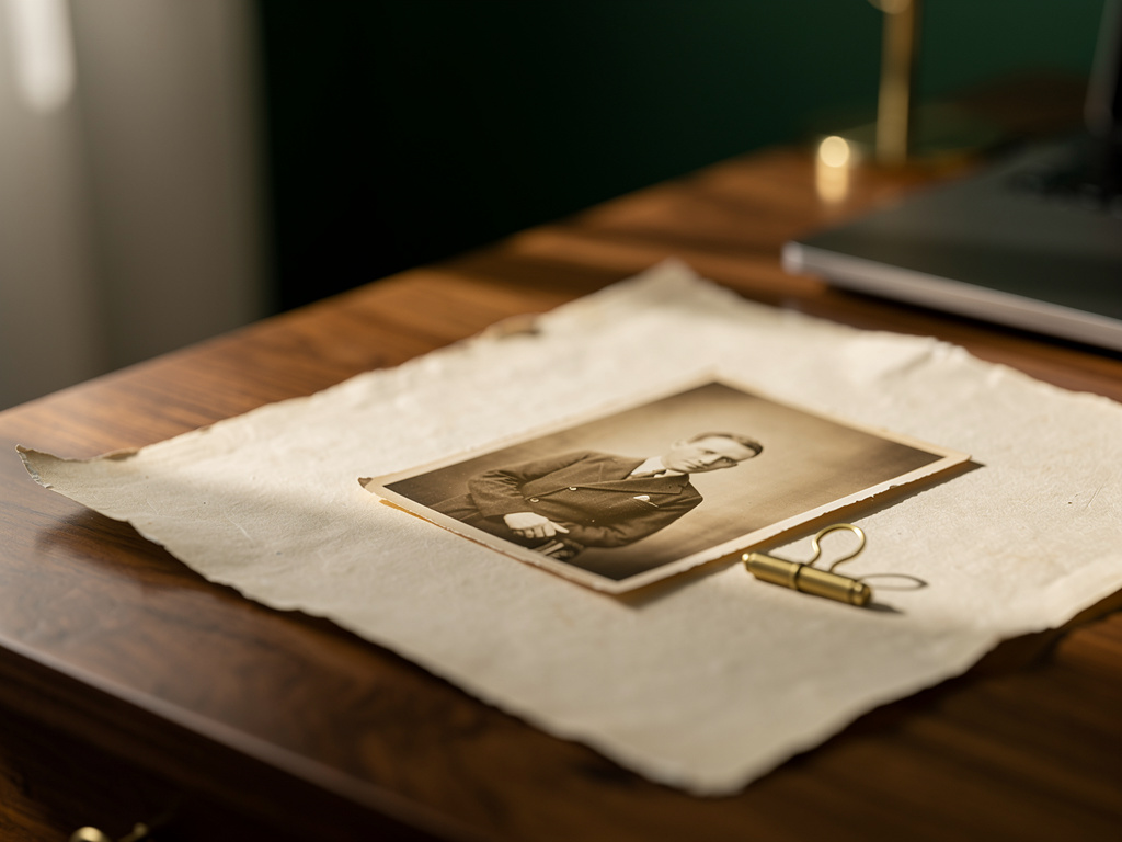 Close-up of a single sepia portrait resting on parchment paper beside a brass paperclip.