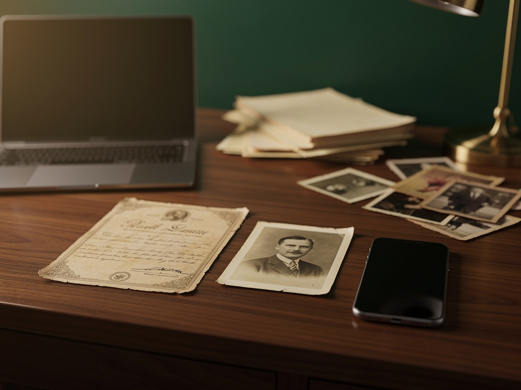 An old birth certificate and a faded photo laid flat next to a phone camera ready to scan them.