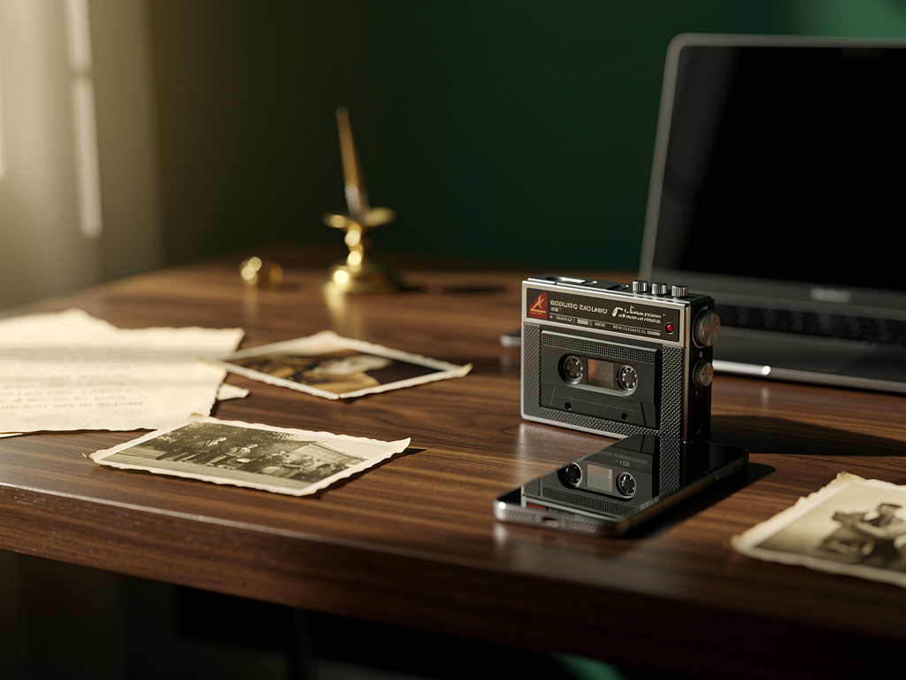 A small vintage cassette recorder beside a smartphone on the walnut desk, warm light falling across both.