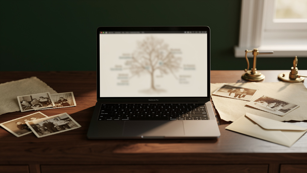 An open laptop on a walnut desk showing a softly blurred tree diagram, surrounded by scattered sepia family photos and a