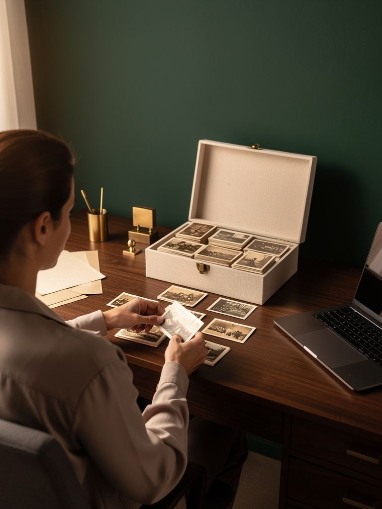 A person seen from behind at the walnut desk, sorting old photographs into small piles beside an open archive box.